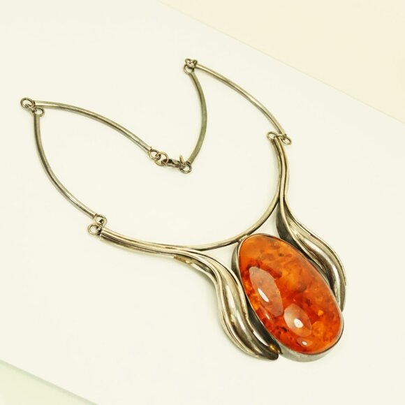 Giant Amber Link Necklace Set In 925 Silver - One-Of-A-Kind Artisan Jewelry - Picture 12 of 14